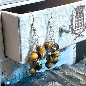 Tiger's Eye Gemstone Bead Dangle Silver Platinum Plated Earrings